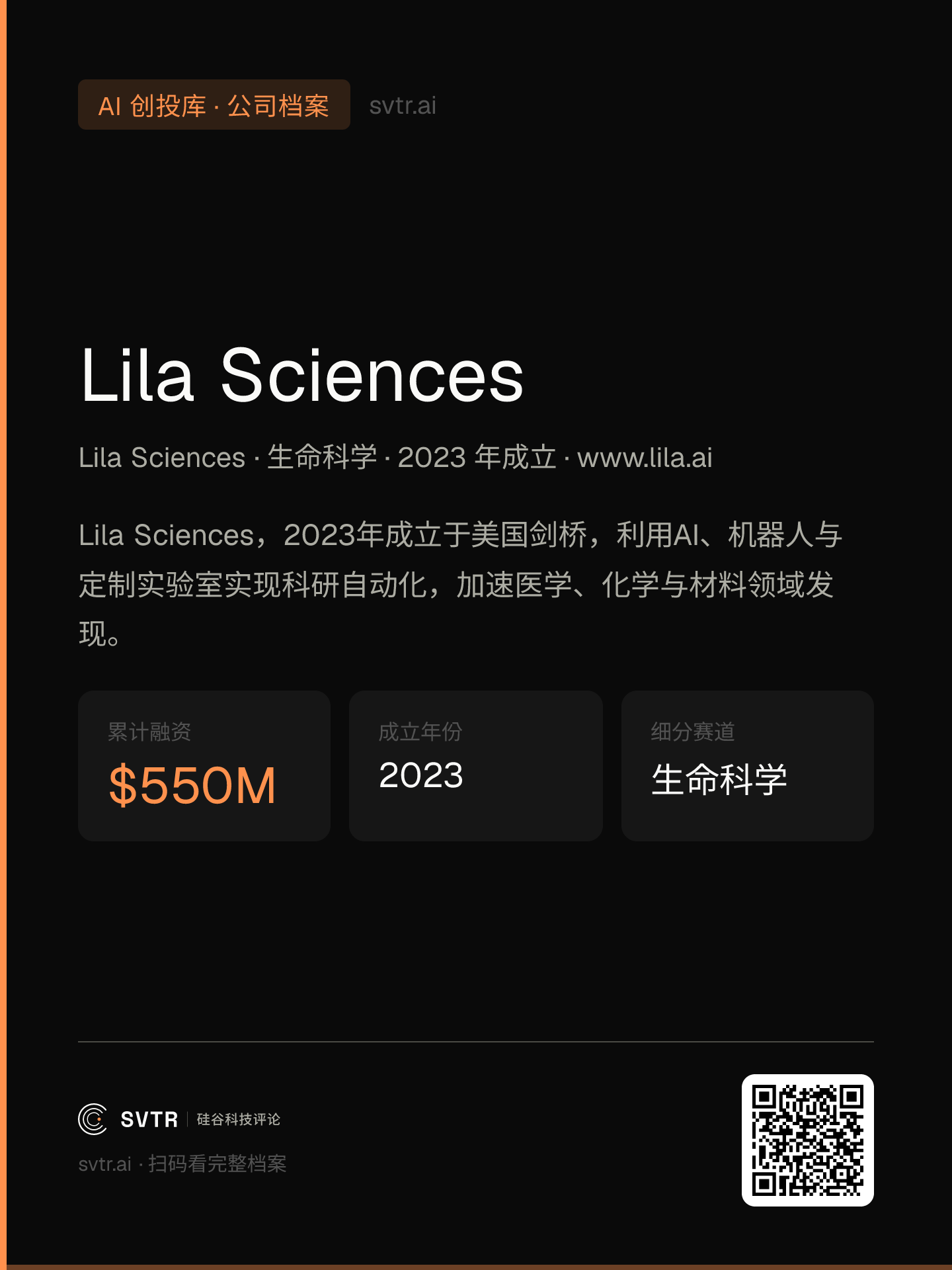 Lila Sciences 公司概况:生命科学 · 2023 年成立于剑桥 · 已确认融资 5.5 亿美元